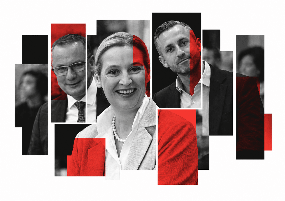 Almanya'nın Saksonya-Anhalt eyaletinde 6 Eylül 2026 tarihinde yapılan eyalet seçimlerinde aşırı sağcı Almanya için Alternatif (AfD), oyların yüzde 44,4'ünü aldı. AfD başbakan adayı Ulrich Siegmund (sağda), eş başkanları Alice Weide (ortada) ve Tino Chrupalla (solda), başkent Berlin'de düzenlenen basın toplantısında açıklamalarda bulundu. | Fotoğraf: Anadolu Images | Değişiklikler: Perspektif